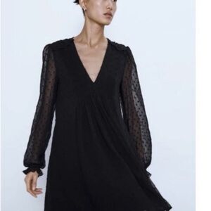 Zara Pleated Black Swiss Dot Sheer Mini Dress